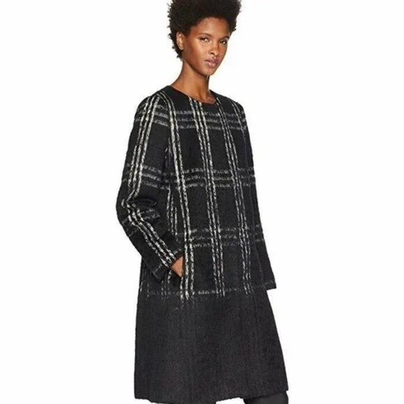 Eileen Fisher Woman's XL Black Alpaca Shadow Plaid Round Neck Coat Mature - Picture 1 of 13